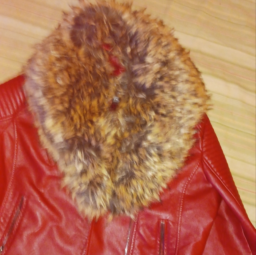 Beautiful Red Vegan leather Faux collared coat